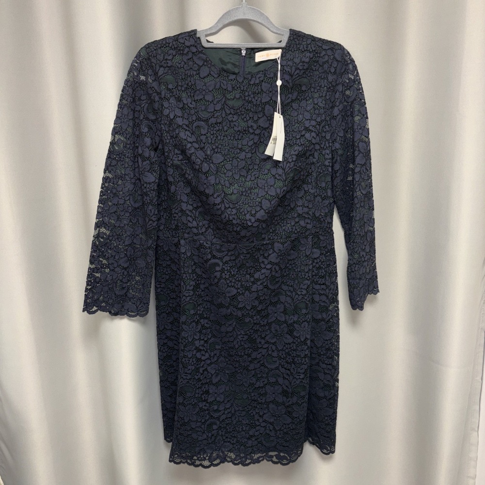 New With Tags Tory Burch Dress Size 12 Large Navy Green Lace NWT MSRP $425.00